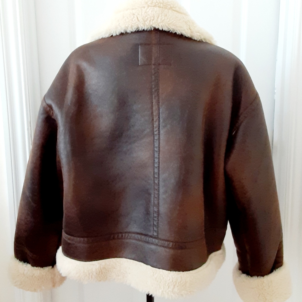 Scoop Chocolate Brown Faux Leather Shearling Bomber Jacket, Large - Picture 2 of 3